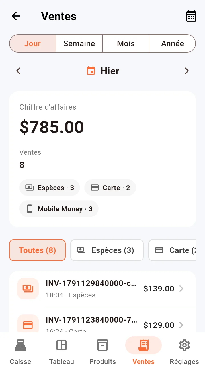 Application Akaunti : ventes de la veille par moyen de paiement